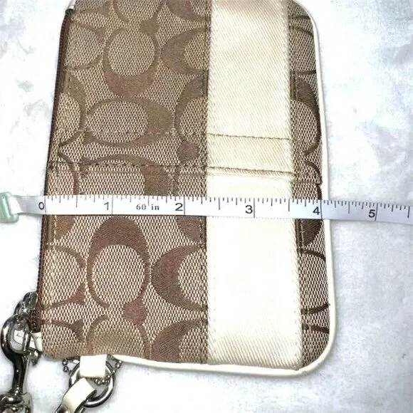 Coach Signature Tan Brown Wristlet Monogram Cream Accent Wristlet - Picture 10 of 11